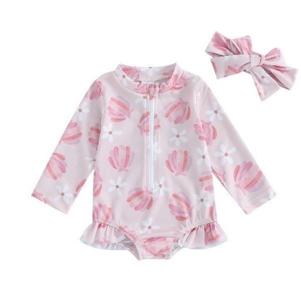 Unbranded Swimsuit Infant 12-18 Months Pink New Shell Rash Guard Headband